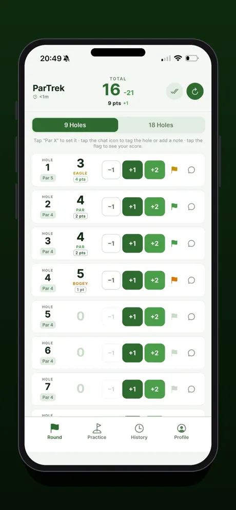 ParTrek scoring screen showing hole-by-hole scores with +1 and +2 buttons