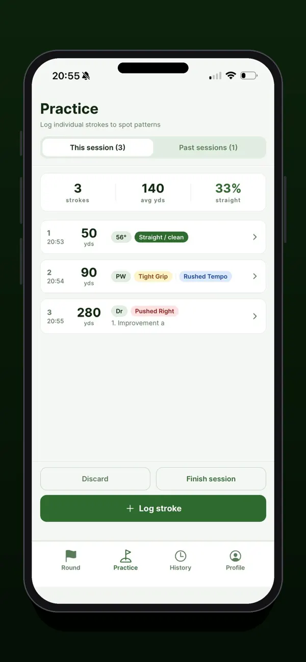 ParTrek practice session showing strokes logged with distance, club and swing tags